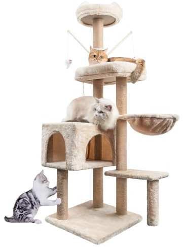 Cat Tree, 145cm Stable Cat Scratching Post for Indoor Cats, Multi-Level Cat Climbing Tower with Posts Fully Wrapped in Natural Sisal Rope, Suitable for Kitty Kitten