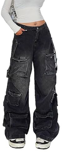 Lafaguw - Pantaloni Cargo da Donna, Vita Bassa, Larghi, Tasca a Gamba Larga, Casual, Street Fashion, Black1, XXL