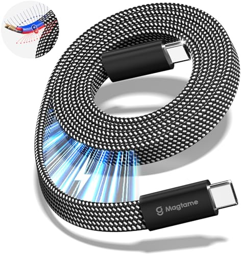 Magtame 1,5 m magnetisches USB-C-Flachkabel 240W/5A Schnellladekabel Typ-C | Magnetisch aufrollbar, ordentlich, verhedderungsfrei, ausziehbar, 480Mbps, Nylon, für iPhone15-17, PC, Tablet & USB-C-Geräte