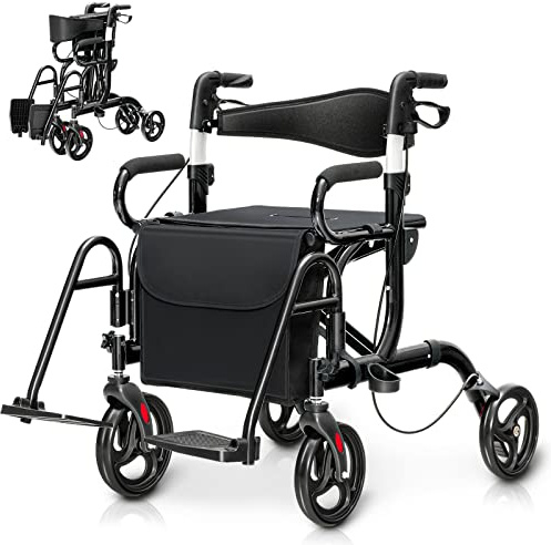 GOPLUS 2 in 1 Rollator faltbar, Gehhilfe mit einstellbarer Höhe, Rückenlehne, Sitz & Tasche, Laufhilfe Gehwagen leicht aus Alu bis 160 kg, klappbarer Rollstuhl Reiserollator für Senioren (Schwarz)