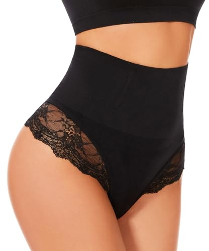 SURE YOU LIKE Tummy Control Thong Mid Waisted Shapewear Panties for Women | Slimming Underwear with Lace Trim & Lining, No VPL Body Shaper, Anti-Rolls Support, Comfy, Strechty, Breathable, S to XXL