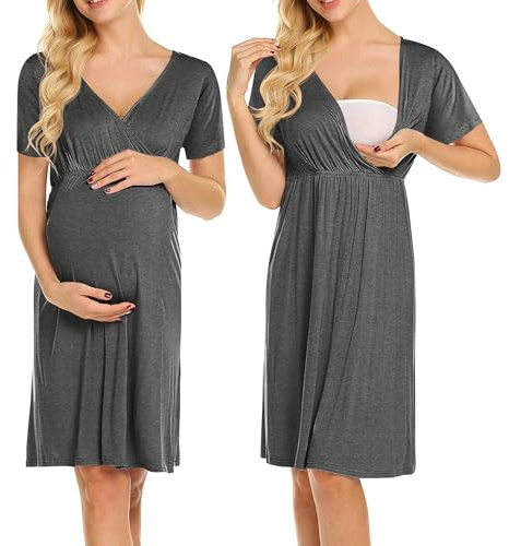 Weardear Stillen Nachthemd Damen Kurzarm V Ausschnitt Mutterschaft Nachtwäsche mit Stillfunktion Umstandsnachthemd Grau M