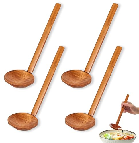 Lot de 4 cuillères à soupe chinoises en bois à long manche - Cuillères à soupe japonaises en bois marron foncé pour soupe, café, desserts, frites, collations, céréales et fruits