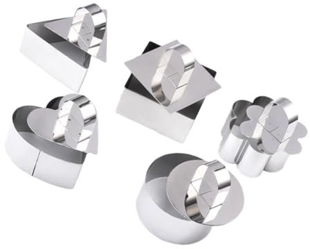 HOLIDYOYO Stainless Steel Cake Mousse Ring Moulds Set with Push Boards, 5pcs Baking Tool Collection Including Square, Triangle, Round, Plum Blossom, and Heart Shapes for Dessert and Cookie Baking