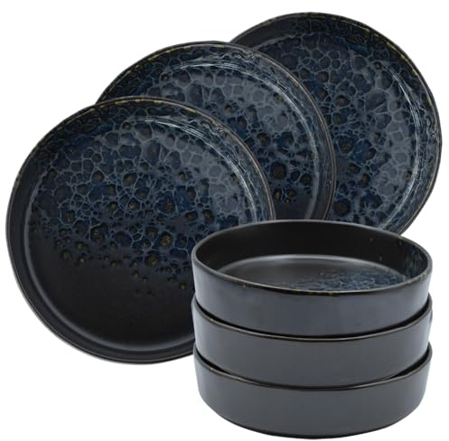 PALUPLUS Set 6 Piatti Fondi in Porcellana Color Nero con Dettagli Blu e Oro, Diametro 18 cm e Altezza 4,5 cm, Adatti per Microonde, Ciotole per Zuppa, Dessert, Insalate -6663F4,2