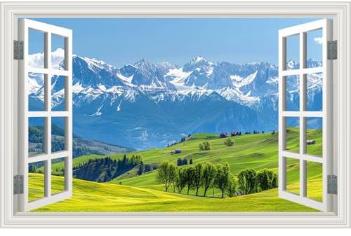 Fake Window Wall Sticker Mountain Forest Green Grassland Faux Window Poster Decal Picture Open Wall Art Decor, Stick and Peel Landscape Natural Scenery Canvas Scene Mural（48x32,Set of 2 Sheets）