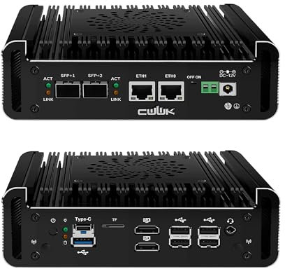 CWWK N355 Mini PC Firewall Appliance, 2 x 10GbE SFP+ Mini Computer with 2 x i226-V 2.5GbE LAN, S1 OPNsense Micro PC Barebone DDR5 NO RAM NO SSD, Dual 4K Display, USB-C, TF, AES-NI