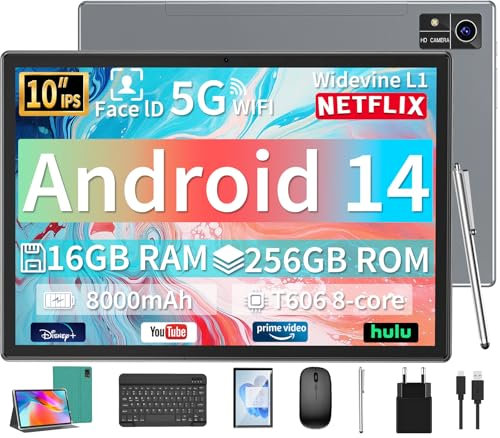 YLEEBG 10 Zoll Android 14 Tablet mit Tastatur, 16 GB RAM, 256 GB (1TB erweiterbar), Octa-Core, 8000 mAh, Dual-Kamera, Dual-Band-WLAN, 2-in-1 inkl. Tastatur, Hülle, Maus & Stift (Grün)