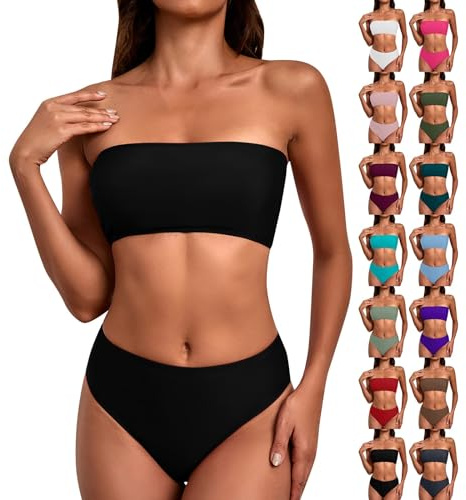 Bandeau Bikini Sets for Women UK Sexy 2 Piece Bandeau Bikini Solid Color Women Swimwear with High Waisted Bikini Bottoms Tummy Control Plus Size Swimwear for Women Today's Deals Black