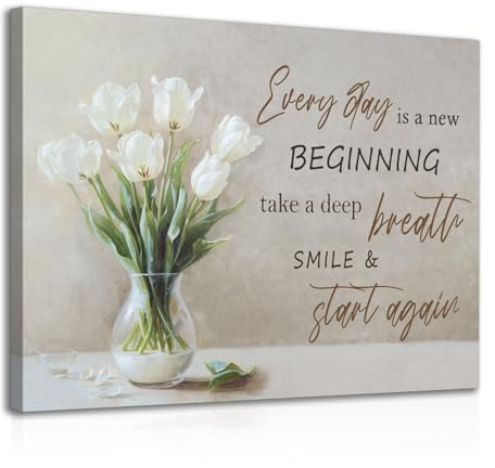 NymphFable Framed Motivational Botanical Wall Art Decor, Flower in Vase with Everyday Is A New Beginning Quote, Country Floral Wall Art Print for Bathroom Bedroom Kitchen Decor 12x16 in