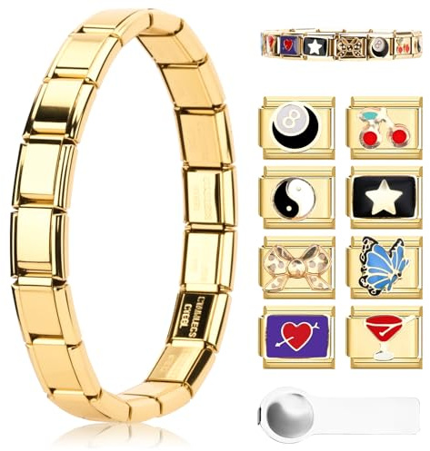 Pulsera con dijes italianos Ouxayapl en oro, conjunto de pulseras con dijes italianos, módulos desmontables DIY para pulseras de 9 mm, pulseras con dijes italianos en oro con herramienta de apertura