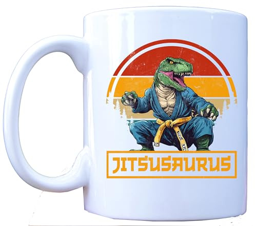 Millhouse Prints Jitsusaurus Mug – Funny Jiu Jitsu Dinosaur Coffee Mug for Martial Arts Fans – Retro BJJ Fighter Cup – 11oz Ceramic