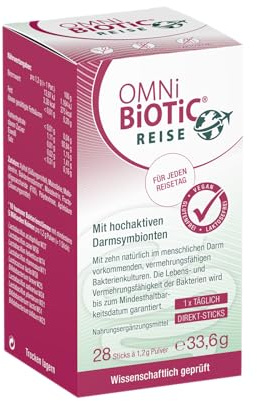 OMNi BiOTiC REISE Direkt-Sticks | Reiselust statt Urlaubsfrust | Praktischer Stick, der direkt auf der Zunge zergeht | 28 Portionen | 10 Bakterienstämme | Vegan | Glutenfrei | Zur täglichen Anwendung