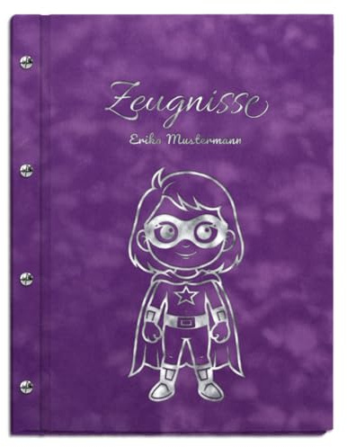 Personalisierbare Zeugnismappe in violetter Samtoptik mit eigenem Namen und Motiv - inkl. 12 Sichthüllen - Silberner Aufdruck mit individuellem Motiv selbst gestalten