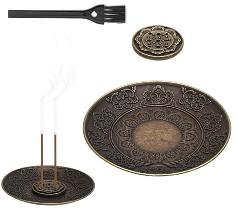 Porta Incenso Loto 9 Fori in Metallo Antico – Portaincenso Bastoncini Amovibile con Spazzola – Supporto Decorativo per Meditazione, Yoga, Salotto, Camera da Letto