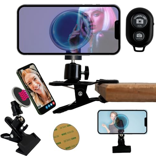 TronicXL Support de serrage pour Apple Magsafe iPhone Smartphone Trépied à pince avec télécommande Bluetooth I Support de téléphone portable Pince de bureau Sports de plein air