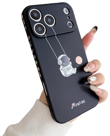 Yonds Queen Schutzhülle für iPhone 17 Pro, niedlich cooles Cartoon Schaukel Astronaut Planet Mond Weltraum stilvoll weiches TPU stoßfest rutschfest Schutzhülle (Schwarz Planet, iPhone 17 Pro)