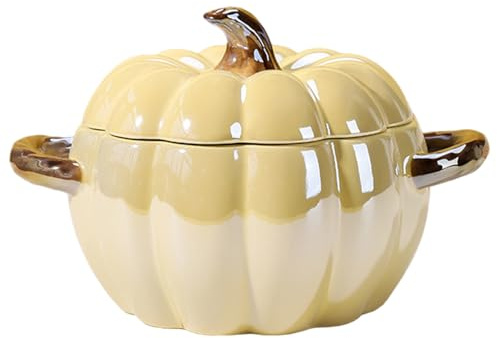 Lawnrden Cuencos de sopa, cuenco de calabaza con tapa, bonito cuenco de cerámica de calabaza de 1, 8 l con doble asa, macetas decorativas fáciles de limpiar para Halloween y Acción de Gracias