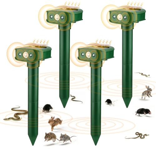 RAYGARD 4 Pack Mole Repellent for Lawns, 20㎡ NEW Vibrating Mouse Repeller Solar with LED Light, IP45 Weatherproof Garden Animal Deterrent for Mice Moles Rabbits Snakes