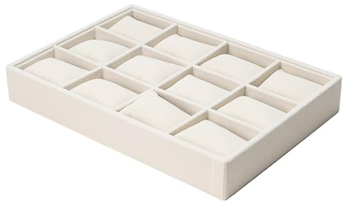 Gcroet Organizador de brazaletes 12 rejillas Soporte de reloj de terciopelo beige Bandeja de joyería apilable para relojes, pulseras, brazaletes de jade..
