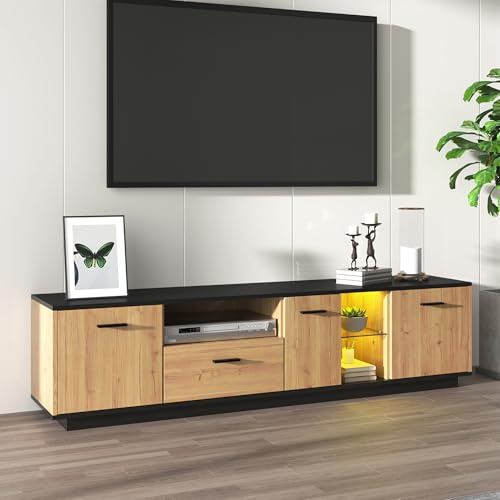 ZXLIHS TV-skåp med justerbara LED-lampor, TV-bänk med en låda, tre dörrar och två öppna glasfack, TV Lowboard för vardagsrum, 180 * 37 * 45 cm, svart och trä