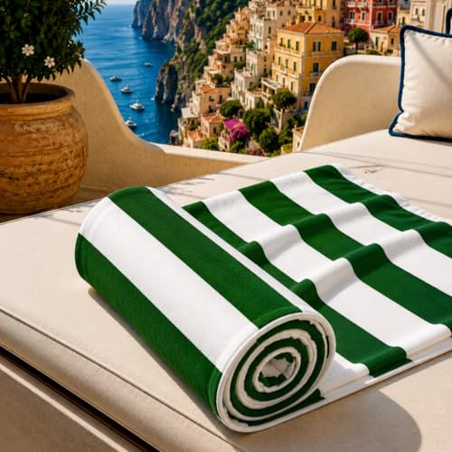 PETTI Artigiani Italiani - Serviette de Plage en Microfibre, Serviette de Plage ou de Piscine, Serviette de Bain de Plage, Grande Taille 90 x 180 cm, Rayures Vert foncé et Blanches