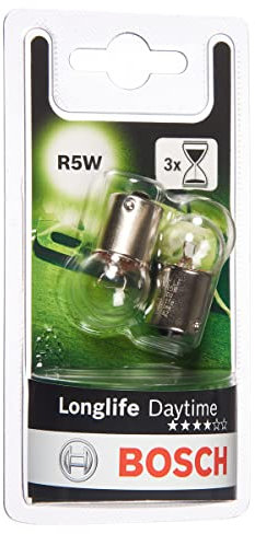 Bosch R5W Ampoules de Phare Halogène de Jour Longue Durée, 12 V 60/55 W, Longue Durée de Vie - Culot BA15s - Pack de 2 Ampoules de Rechange pour Voiture