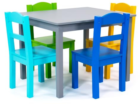 Humble Crew Mesa Cuadrada Madera y 4 sillas Gris/Azul/Verde/Amarillo: diseño Alegre, Segura niños, fomenta Juego, Montaje rápido, Ideal pequeños