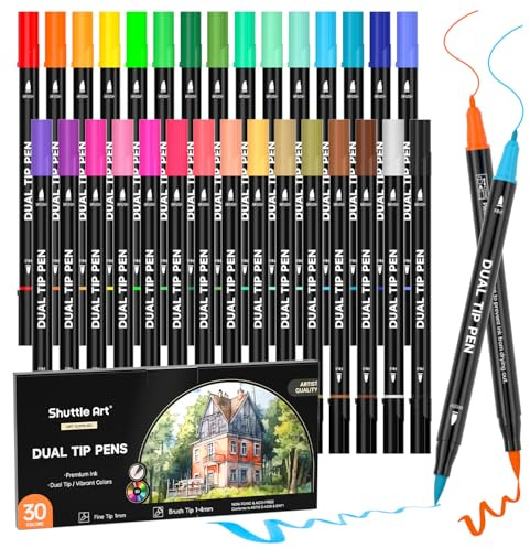 Shuttle Art Pennarelli a Doppia Punta, 30 Colori, Penne Calligrafiche Fine e Pennello, Set Perfetto per Bambini e Adulti, Artisti, Calligrafia, Scrittura, Diario