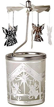 Windlicht-Karussell aus Glas mit Windspiel aus Metall - Teelichthalter mit Drehspiel (Silber) Ø 6 x Höhe 15cm (Krippe und Engel)