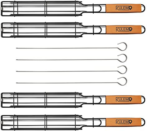 Kulem Kabob Grilling Basket - Set of 4 Heavy Duty Stainless Steel Kebab BBQ Grill Box Tool with Lockable Grid and Wood Handle - Complete with 4 Barbecue Skewers