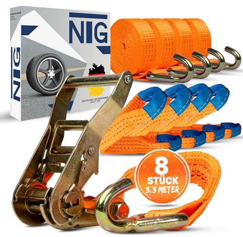 NTG 8 Stück Spanngurte Auto Transport - Länge 3300 mm 3000 daN Zurrgurt | Radsicherung Reifengurt 35mm für PKW - Trailer NFZ Anhänger - Ladungssicherung Transporter LKW Kfz Werkstatt