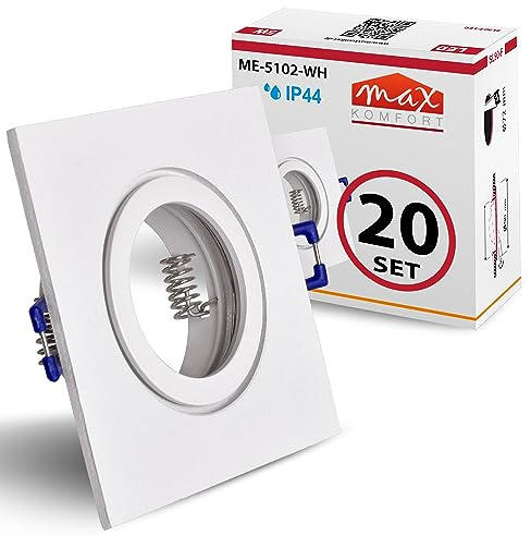 20x Einbaustrahler Bad IP44 mit GU10 Fassung ECKIG weiß Einbauspot Einbauleuchte Rahmen Rostfrei Deckenspot Strahler Spot 5102