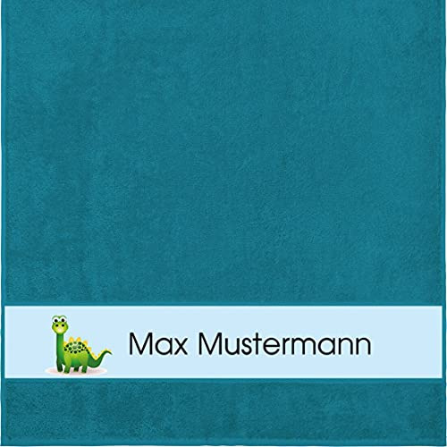 Manutextur Duschtuch Mit Namen - Personalisiert - Dinosaurier Motiv - Viele Farben - Dusch-Handtuch - Petrol - Größe 70x140 cm - Persönliches Geschenk Mit Wunsch-Name