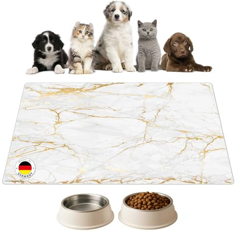 Napfunterlage | Futtermatte für Hunde und Katzen „Weißer Marmor mit Goldadern“ aus Premium Vinyl - 60x40 cm – rutschhemmend, abwaschbar, reißfest - Made in Germany