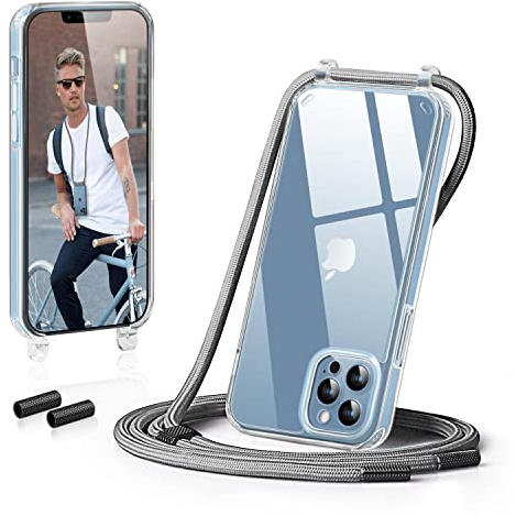 GOODVISH Handykette für iPhone 13 Pro Max Hülle mit Band, Silber | Kameraschutz und Bildschirmschutz, Necklace Handyhülle Schnur Schutzhülle für Umhängen Transparent Case mit Kordel 6.7