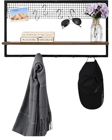 spot on dealz® Rectangle Black floating decorative hanging shelves with hooks MDF wood rustic shelf and metal wire frame industrial wall mounted shelving unit Living Room furniture