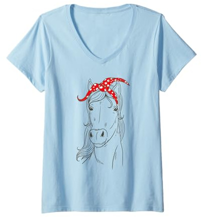 Damen Reitkleidung Pferdeschädel Bandana Kopftuch Pferde T-Shirt mit V-Ausschnitt