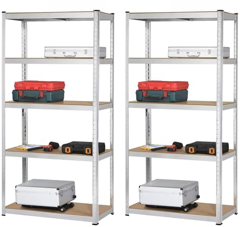 Brigros - Scaffale Metallo Garage 180x90x40cm Ad Alta Portata 875kg, 5 Ripiani Mdf, Scaffale Salvaspazio Ideale Per Garage, Officina, Cantina, Magazzino, Design Modulare (Doppio, Galva)