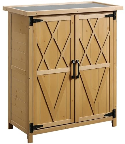 Outsunny Caseta de Jardín de Madera con 4 Estantes 75x40x90 cm Natural | Cobertizo Jardín Exterior, Armario para Almacenaje de Herramientas, 2 Puertas, Techo de Acero Galvanizado, Mueble Exterior