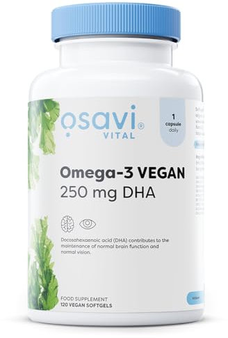 Osavi Omega–3 Vegan, 250 mg DHA – 120 Softgels | Highly Concentrated Algae Oil from Schizochytrium sp. | Supports Brain, Vision & Heart Health | Vegan–Friendly Tapioca Softgel