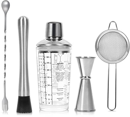 SAVORLIVING 12 Unzen Cocktail-Shaker-Set, 5 teiliges Barkeeper-Set aus Edelstahl, Bar-Werkzeuge zum Mischen von Getränken, eingebauter Stößel, Jigger, Barlöffel, Sieb, Barkeeper-Set als Geschenk