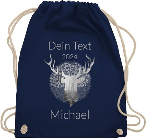 Turnbeutel Rucksack - Kompatibel Oktoberfest - Tag Cloud - Hirsch und Name in Silbergrau - Unisize - Navy Blau - oktoberfest-tasche trachten beutel trachtenrucksack bayrisch beutelrucksäcke
