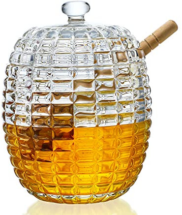 kanpura Barattolo di miele in cristallo con 2 mestoli, dispenser in vetro per miele, set di bastoncini e barattoli, barattolo di miele fatto a mano per alveare con mestolo (255,1 g)