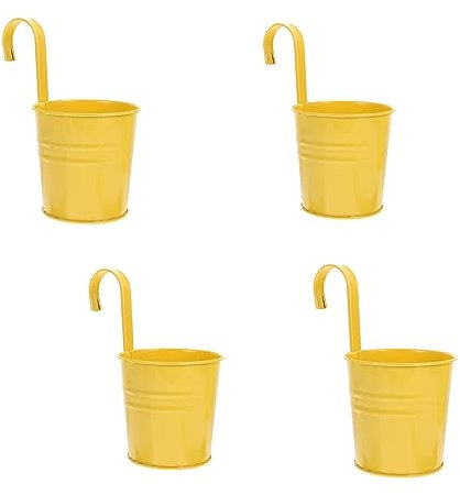 Wensmy 4PCS Metal Hanging Plant Flower Pots with Drainage Hole Fence Balcony Railing Planters Outdoor Garden Pots with Detachable Hooks (Yellow)