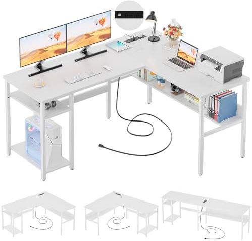 Unikito Reversible L Shaped Computer Desk with Magic Power Outlets and USB Charging Ports, Sturdy Corner Desk with Storage Shelves, Durable Work Desk for Home Office, Easy to Assemble, White