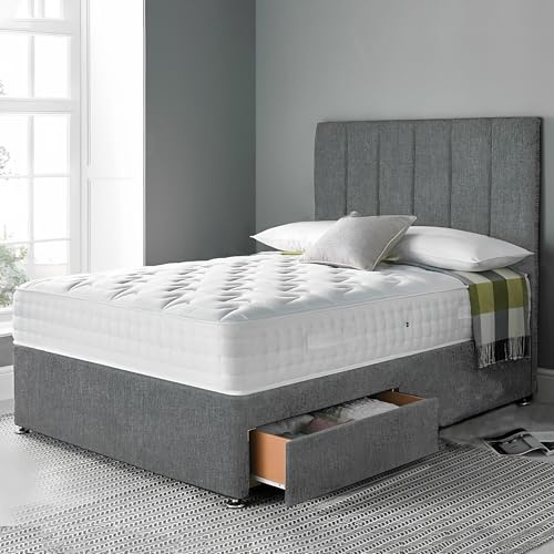 DBZ BEDS 2 FT 6 Small Single Bed Set with 2000 Series Mattress - Grey Linen Divan Bed Set with Versatile Storage Options – 6 Panel Headboard with Chrome Glider Feet (Small Single)