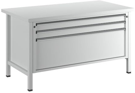 ANKE | Werkbank mit XL/XXL-Schubladen | Gestellbauweise | Breite 1500 mm | 3 Schubladen | Universalplatte | Front lichtgrau