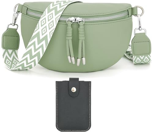 Atgbiem Bauchtasche Damen Stylisch Umhängetasche Damen Crossbody Bag Damen Breiter Gurt Soja Grün mit Kreditkartenhalter