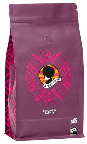 AFRO COFFEE Strong & Earthy I 500g Premium Bio Kaffeebohnen Fairtrade I Arabica & Robusta Bohnen I Bohnenkaffee aus Ostafrika mit nussiger Note I Kaffee Bohnen handgepflückt, dunkel geröstet, säurearm